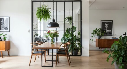 Stylish dining and living space with live-edge table.