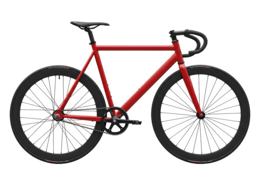 Isolated red bicycle on the side at eye level for transportation and sport activity