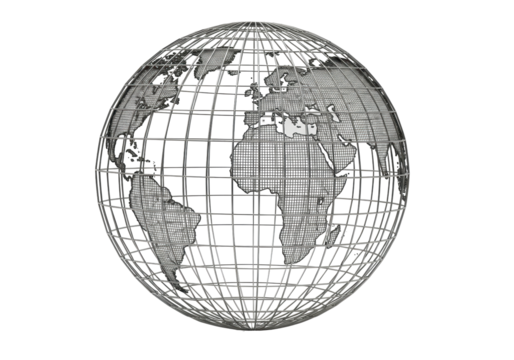 Isolated world globe model with longitude, latitude lines and continents, gray wireframe