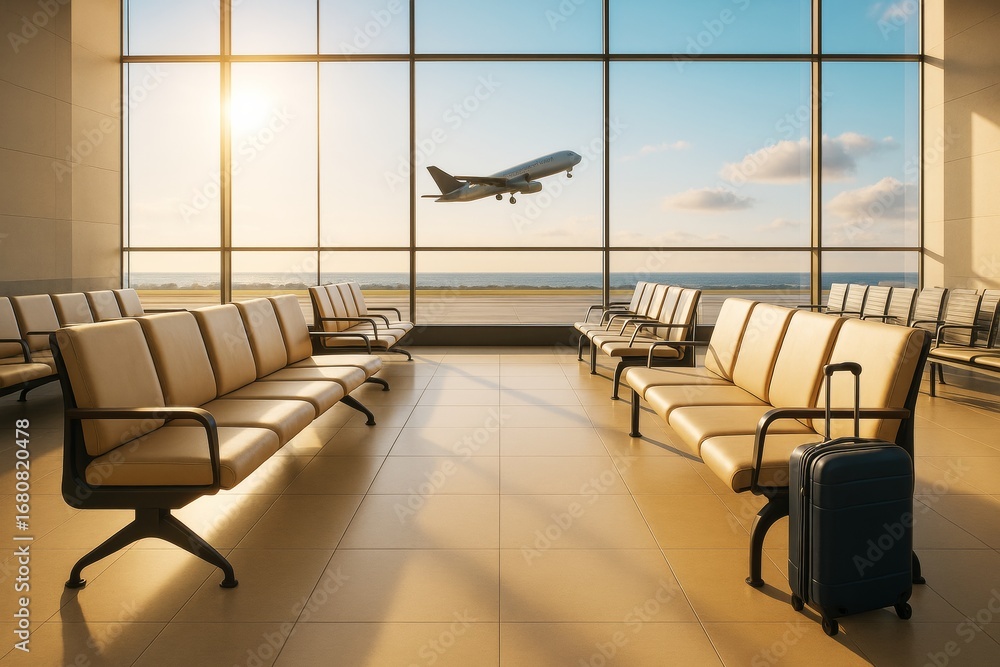 Poster empty airport waiting area with sunlight streaming through large windows and airplane taking off in 