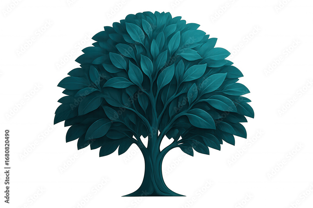 Poster stylized teal tree with dense foliage isolated on a transparent background, creating a vibrant and w