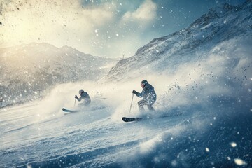 Skiers carving through fresh powder on a snowy mountain slope during winter