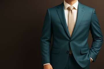 Businessman in teal suit and beige tie standing confidently on dark background, minimal light highlighting formal attire and corporate elegance.