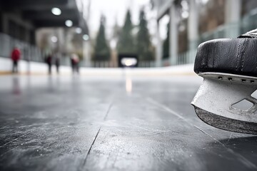 Obraz premium Close-up hockey skate on ice rink, blurred background