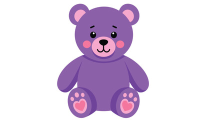 A cute cartoon purple teddy bear with pink accents sitting and smiling isolated on white background