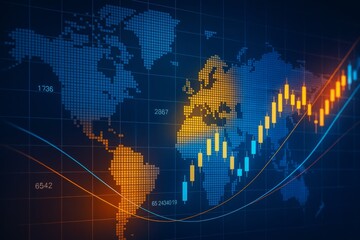 Global financial market chart with digital world map and glowing candlestick bars on dark blue background for business concept illustration.