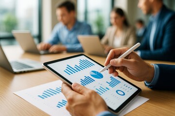Business team analyzing digital financial charts on tablet with pen in modern office setting during daylight meeting session.