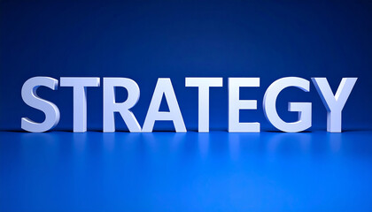 Large white STRATEGY typography on blue gradient backdrop. Business planning and decision-making
