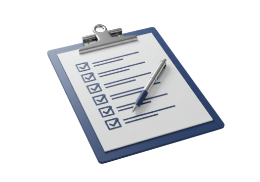 Isolated checklist on clipboard with pen, tasks completed, to do list, verification concept