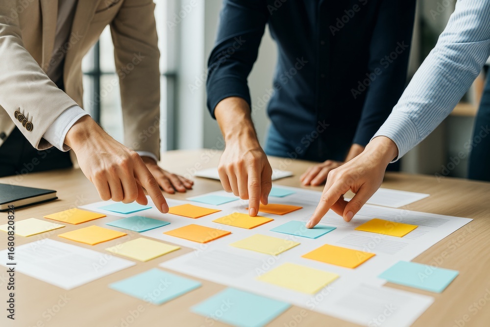 Poster team collaboration on colorful sticky notes and documents during a business planning session in mode
