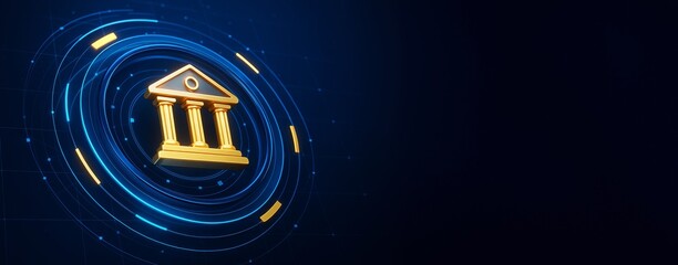 Golden bank icon with digital abstract circular interface on dark blue background for financial business promotion or fintech banner template.
