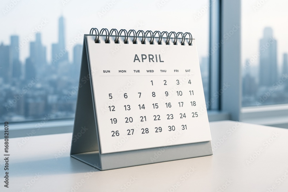 Poster minimalistic desk calendar mockup with clean april layout on white table and bright office backgroun