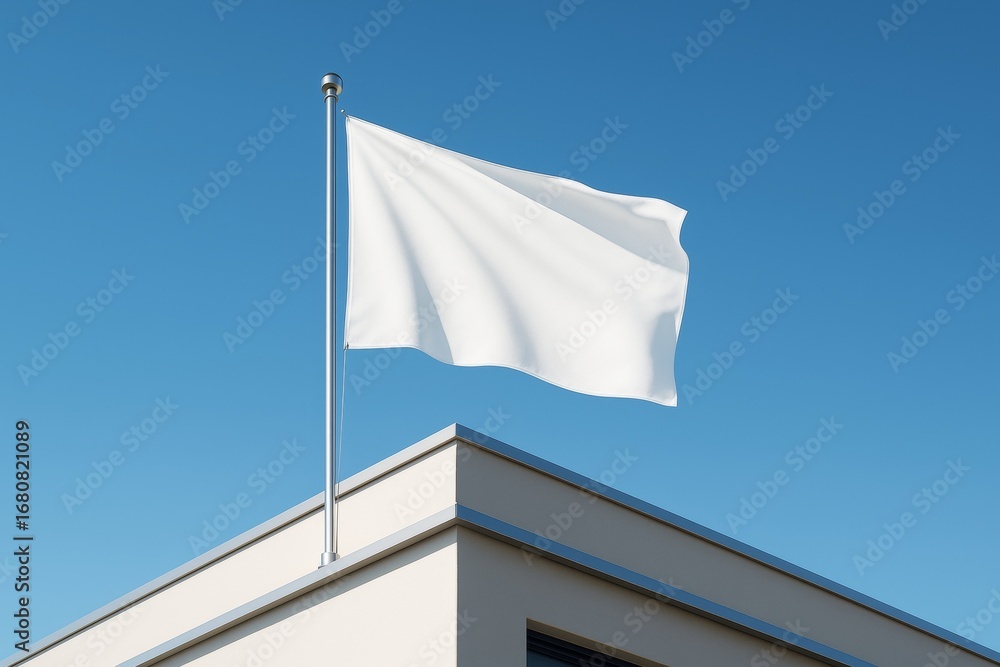 Poster white flag mockup on rooftop against clear blue sky for design presentation or branding layout with 