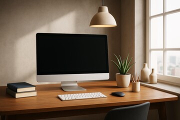 Modern workspace with desktop computer and decor on wooden desk in cozy room with natural light and soft shadows from window and pendant lamp.