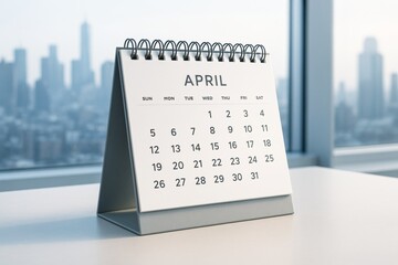 Minimalistic desk calendar mockup with clean April layout on white table and bright office background with cityscape view through glass window. Ai generative
