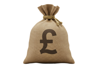Isolated burlap sack with pound sterling symbol, financial wealth and money concept