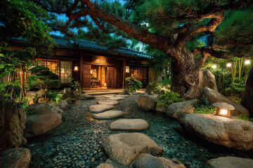 Obraz premium Close view stepping stones to timber doorway glowing lanterns