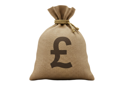Isolated burlap sack with pound sterling symbol, financial wealth and money concept