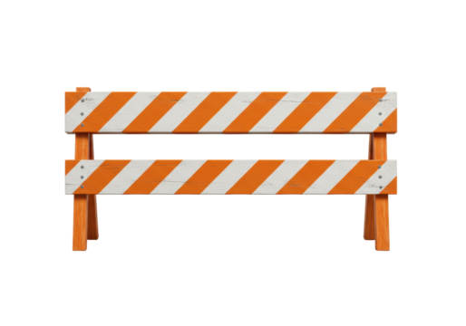Isolated barrier construction warning object with orange and white stripes in studio shot