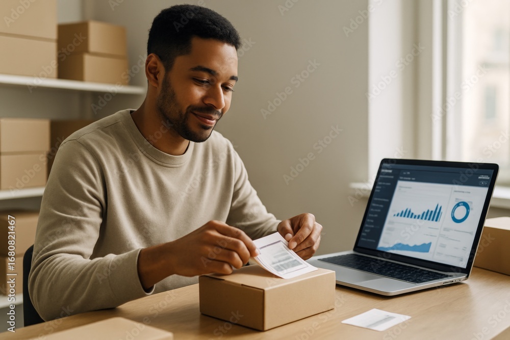 Poster young entrepreneur labeling shipping box while working at laptop with analytics dashboard in bright 