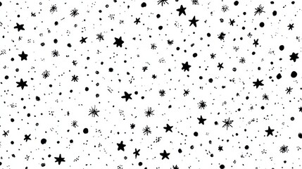 Abstract Black and White Pattern Featuring Stars and Circles Scattered Across a White Background