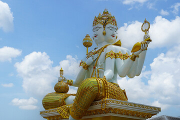 Chachoengsao, Thailand, August 29, 2025, A stunning view of the colossal Brahma statue at Wat Saman...