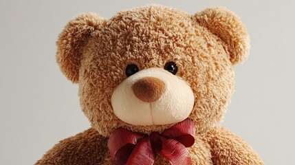 Plush teddy bear with a red ribbon, seen up close against a plain, light background