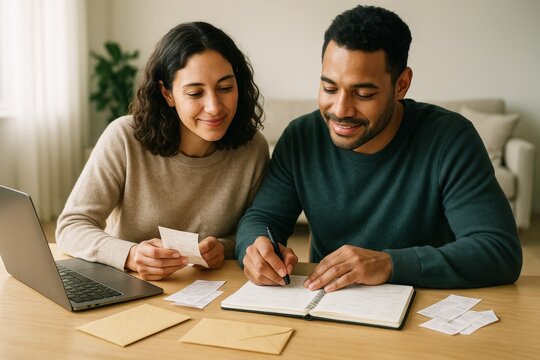 Couple planning budget together at home using receipts, notebook, and laptop on wooden table in cozy light background living room setting. Ai generative - Powered by Adobe