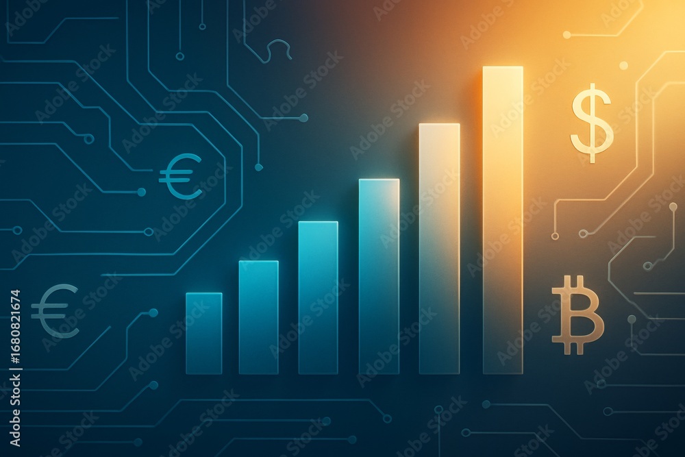Aufkleber digital financial growth chart with currency symbols and abstract circuitry on a glowing futuristic 