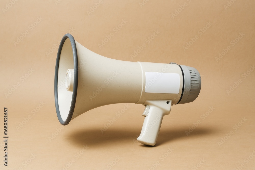 Poster beige megaphone with blank label on side placed on neutral brown background for branding or design m