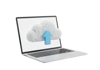 Isolated laptop computer showing cloud computing upload symbol for information storage