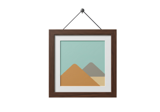 Isolated artwork in a wood frame hanging on wall with mountains under a blue sky design