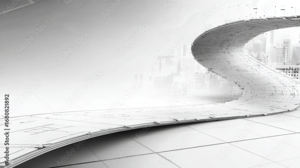 Poster modern building featuring a unique curved roof design symbolizing innovative adaptive fibonacci core