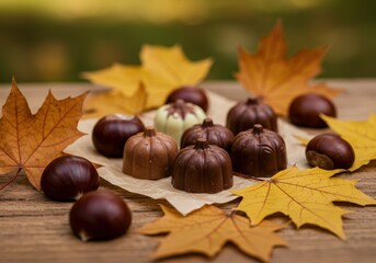Autumn Treats of Chocolate and Chestnuts Surrounded by Colorful Fall Leaves on a Wooden Table