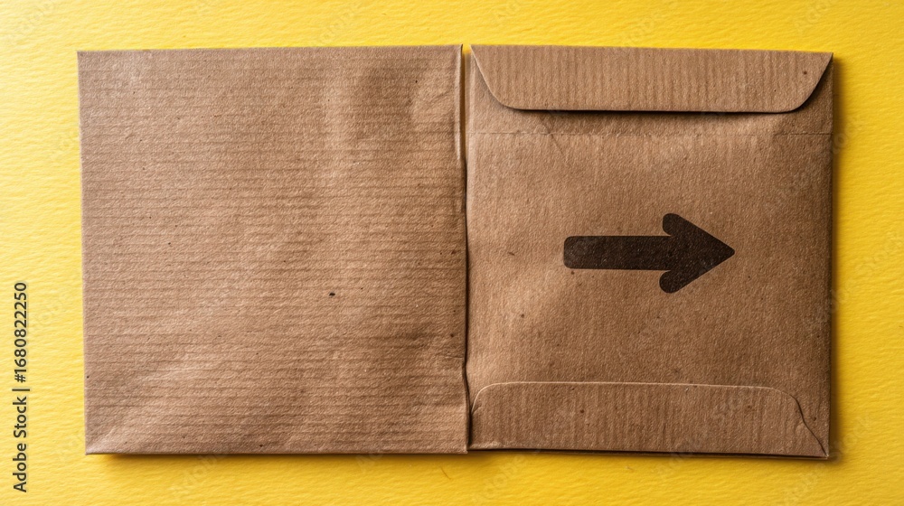Poster a brown paper bag with a distinct black arrow indicating movement and response in a conceptual email
