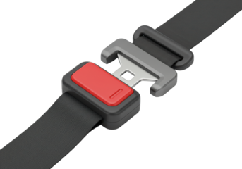 Isolated safety belt device close-up. Seat-belt buckle with red button, and dark material strap