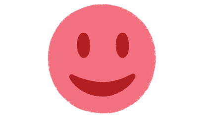 A simple hand drawn pink oval with a cheerful smiley face isolated on white background