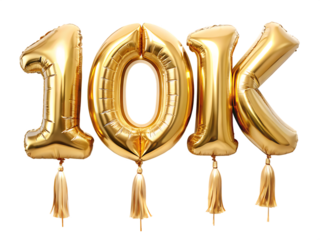 Shiny gold foil balloons forming the number "10K" with attached tassels isolated on a white background. ,PNG.AI Generated.