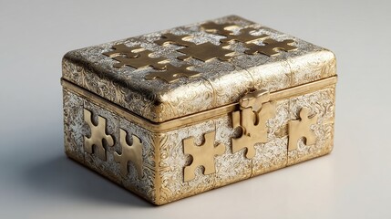Ornate box covered with golden puzzle pieces, silver crackled texture and golden trim