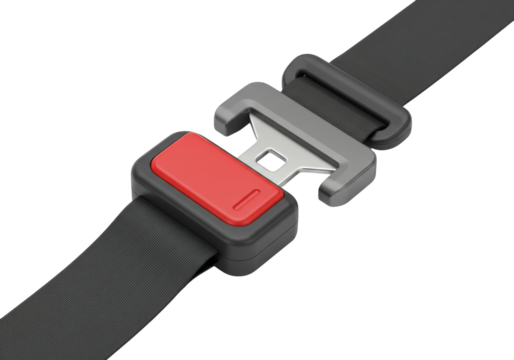 Isolated safety belt device close-up. Seat-belt buckle with red button, and dark material strap