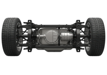 Isolated Car Chassis with Wheels, Suspension, Axle Assembly Underside View on No Background
