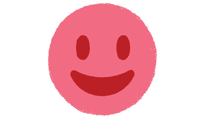 A simple hand drawn pink oval with a cheerful smiley face isolated on white background