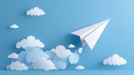 Paper airplane flying in clear blue sky with clouds illustrating a concept of file transfer and digital freedom