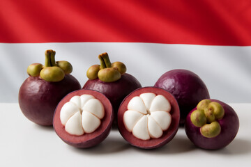 Fresh mangosteen fruit displayed with indonesian flag