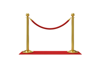 Isolated red carpet barrier, golden stanchions and rope for events or VIP access, no background