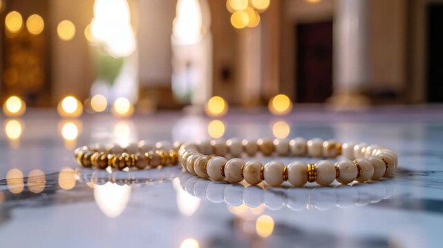 Close up shot of two elegant beaded bracelets on reflective surface