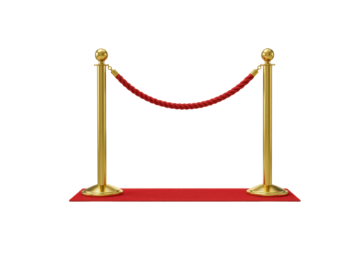 Isolated red carpet barrier, golden stanchions and rope for events or VIP access, no background