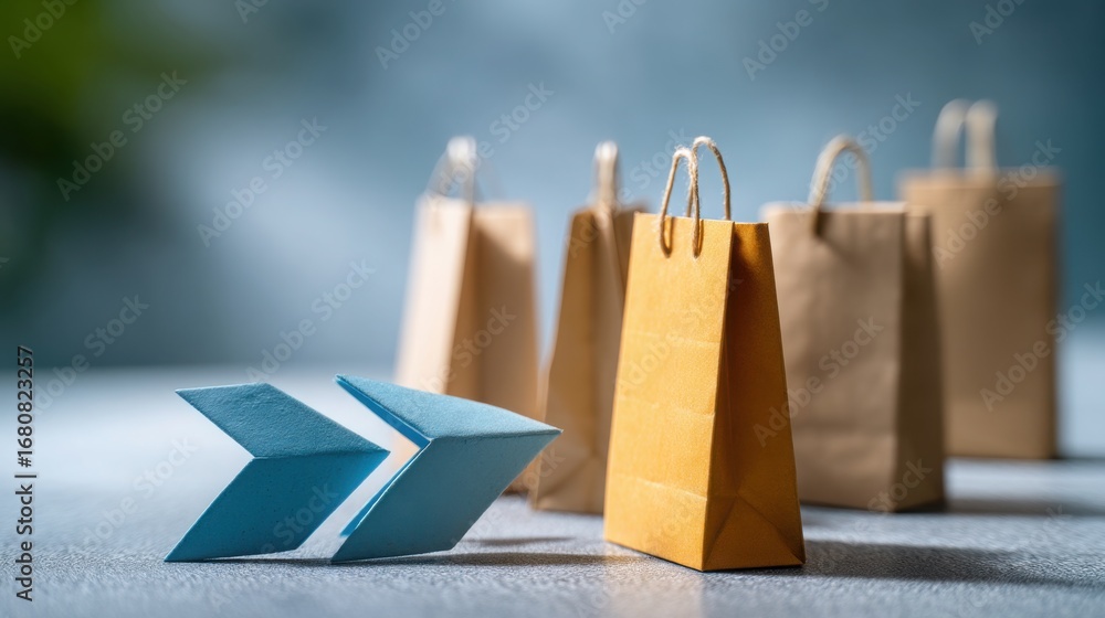 Poster paper airplane and paper bag on a table symbolizing guided buying and the connection between flight 