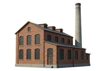 Fototapeta premium Isolated brick building with tall chimney for factory or plant construction without people