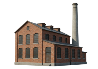 Isolated brick building with tall chimney for factory or plant construction without people